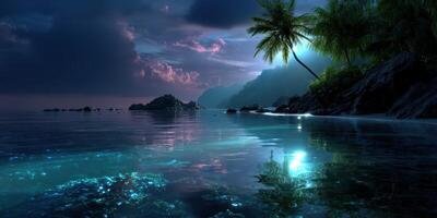 Serene coastal landscape at twilight with palm trees and calm ocean waters reflecting the night sky photo