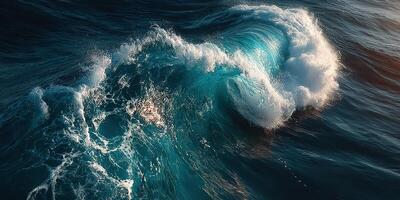 Waves crashing in vibrant blue hues under the evening sun photo
