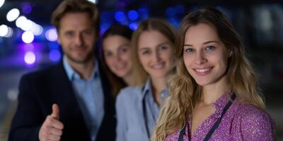 Group of young professionals smiling and posing confidently in a modern venue during an event in the evening photo