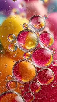 Colorful bubbles suspended in liquid create a vibrant underwater effect with soft background hues photo