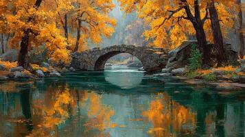 Scenic autumn landscape with a stone bridge over a tranquil river reflecting vibrant fall colors photo