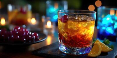 Colorful cocktail with ice garnished with lemon and cherries in a dimly lit bar setting photo