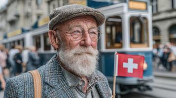 Elderly man proudly holds Swiss flag while standing near a historic tram in a bustling city street during daytime photo