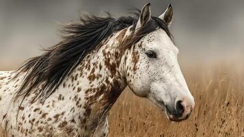 Beautiful spotted horse stands calmly in a golden field during a serene evening photo