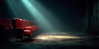 Empty red theater seats illuminated by soft light in an abandoned cinema at dusk photo