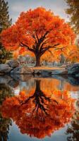 Vibrant autumn tree reflecting on calm water creates a stunning natural landscape in a serene park setting photo