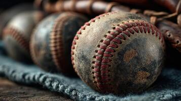 Old worn baseballs resting on a blue cloth with a glove in the background in a rustic setting photo