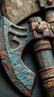 Ancient warrior axe with intricate designs and weathered textures displayed on a dark surface photo