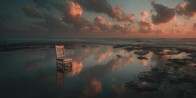 Lonely chair sits amidst tranquil waters at sunset along the shoreline photo