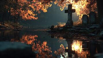 Golden reflections at a serene graveyard during autumn dusk by a calm water body photo