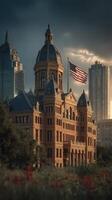 Historic courthouse with American flag at sunset in urban skyline photo