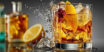 Refreshing whiskey cocktail with ice and citrus splash on a bar countertop photo
