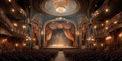 Interior view of a grand theater showcasing intricate architecture and warm lighting during a performance photo