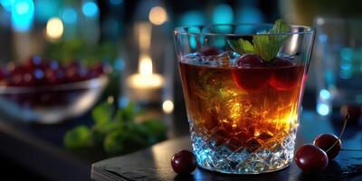 Delicious cocktail served with cherries and mint at a stylish bar during a lively evening gathering photo