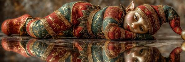 Childlike elf rests on shiny floor with whimsical outfit and playful expression in a cozy indoor setting photo