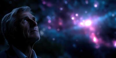 Elderly man gazes at a starlit sky filled with cosmic colors during a serene nighttime moment photo