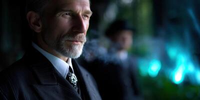 Elegant man in formal attire stands contemplatively in a dimly lit, atmospheric environment during a night event photo