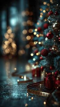 decorado Navidad árbol adornado con rojo adornos y dorado luces creando un festivo atmósfera en un acogedor interior ajuste foto