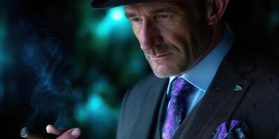Stylishly dressed man holding a cigar while reflecting in a dimly lit environment photo