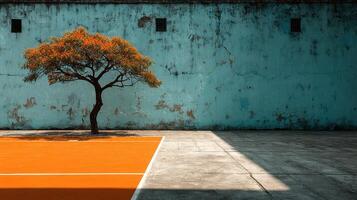 Tree stands alone against a weathered blue wall with bright orange court in urban setting during daylight photo
