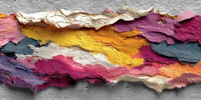 Colorful layers of torn paper creating an artistic texture on a textured surface photo