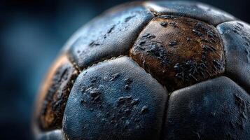 Worn soccer ball close-up showing texture and details under dramatic lighting in an indoor setting photo