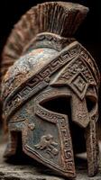 Detailed view of a weathered Spartan helmet showcasing ancient craftsmanship and historical significance from a long-lost era photo