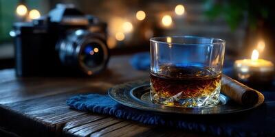 Whiskey glass on a wooden table with a cigar and camera in dimly lit cozy atmosphere photo