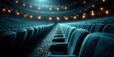 Empty theater seats illuminated by soft lighting create an atmosphere of anticipation before an evening performance photo