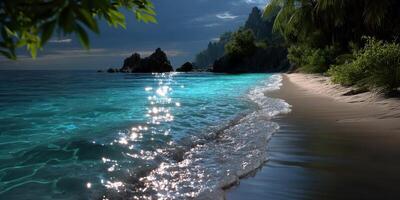 Sparkling ocean waves gently lap against a serene sandy beach under a moonlit sky in a tropical paradise setting photo