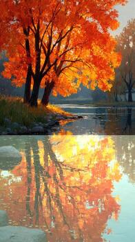 Vibrant autumn foliage reflected in a calm river at sunset in a serene natural setting photo