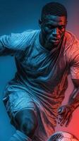 Dynamic soccer player showcasing skill in a vibrant blue and red backdrop during an intense match photo