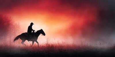 Silhouette of a cowboy riding a horse against a dramatic sunset backdrop in a misty landscape photo