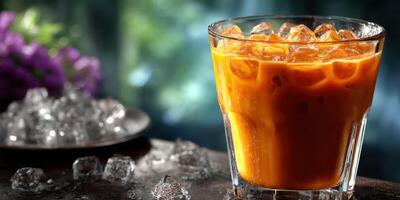 Enjoying a refreshing iced coffee drink with vibrant colors on a sunny day in a cozy cafe photo