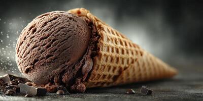 Delicious chocolate ice cream cone with toppings on a rustic background photo