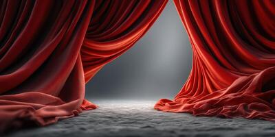 Rich red curtains part revealing a softly lit stage in an inviting theater setting photo