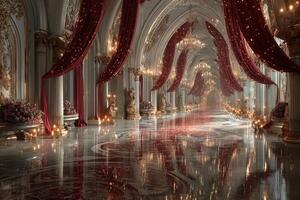 Elegant ballroom decorated with red drapes and chandeliers, showcasing intricate design and sparkling floor during an evening event photo