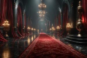 Grand hallway adorned with rich red drapes and elegant chandeliers in an opulent mansion at dusk photo
