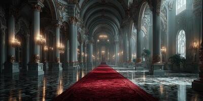 Grand hall adorned with elegant chandeliers and a luxurious red carpet in an opulent palace setting photo