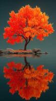 Vibrant autumn tree reflects on calm lake surface in serene natural setting photo