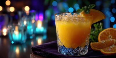 Refreshing orange cocktail garnished with mint and orange slices at a cozy evening setting filled with soft lighting photo