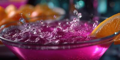 Vibrant pink drink with orange slice in a glass at a lively gathering during evening hours photo