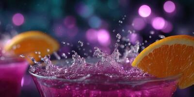 Colorful drinks splash with orange slices at a vibrant evening gathering in a lively setting photo