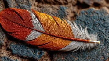 Colorful feather resting on textured surface showcases intricate details of nature's artistry in vibrant shades photo