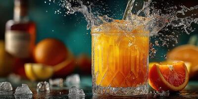 Refreshing cocktail with a splash of orange juice and ice at a vibrant bar setting in the evening photo
