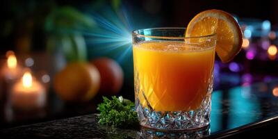 Citrus cocktail garnished with lemon slice on a dark surface illuminated by soft lights in a cozy setting photo