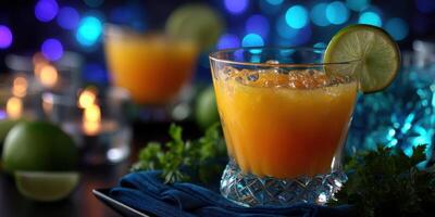 Colorful cocktail garnished with lime against a blurred blue background in an evening setting photo