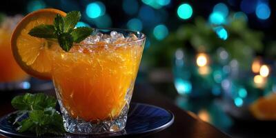 Refreshing orange cocktail served with mint on a decorative table in a vibrant, illuminated setting photo