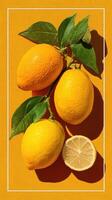 Fresh lemons and citrus on vibrant yellow background with green leaves in bright sunlight photo