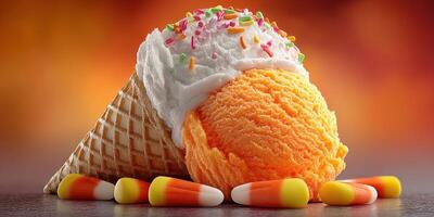 Colorful ice cream cone with orange scoop and sprinkles, served with candy corn for a festive treat in autumn season photo